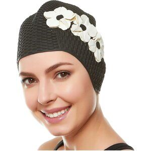 Beemo Latex Swimming Cap for Women Shield Hair from Damage - Black/White Flowers